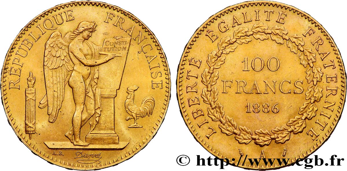 100 francs or Génie, tranche inscrite en relief Dieu protège la France 1886 Paris F.552/7 SUP