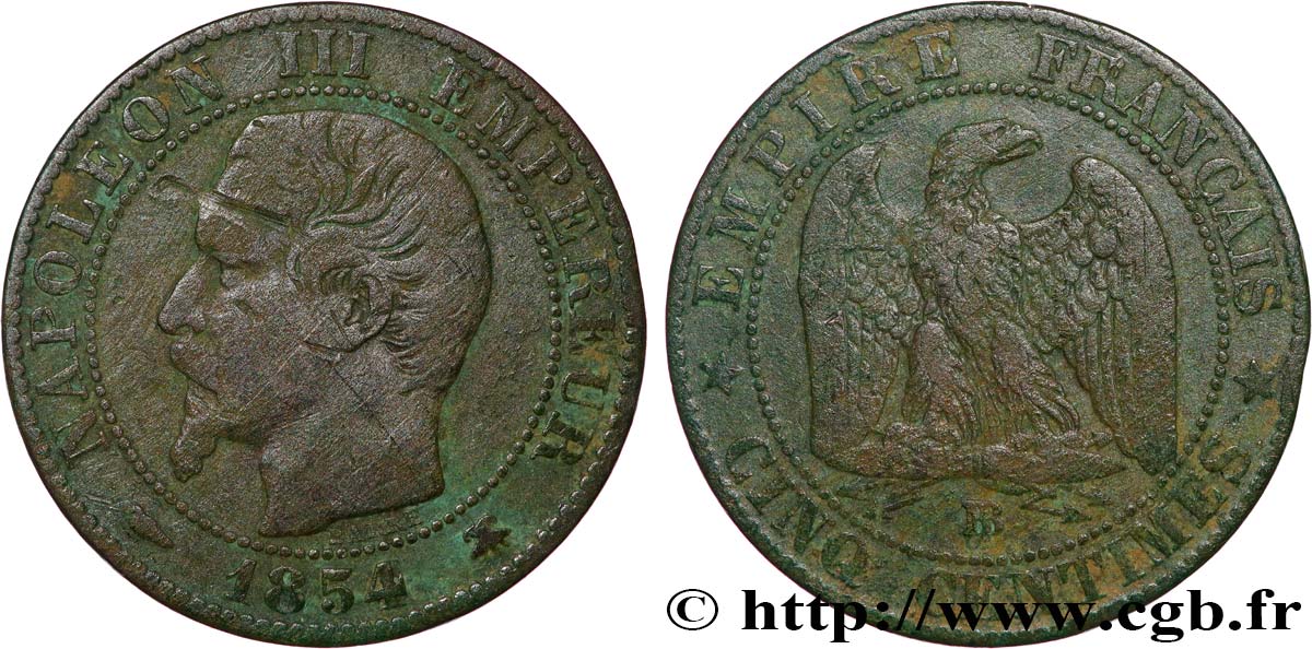 Cinq centimes Napoléon III, tête nue 1854 Strasbourg F.116/10 B