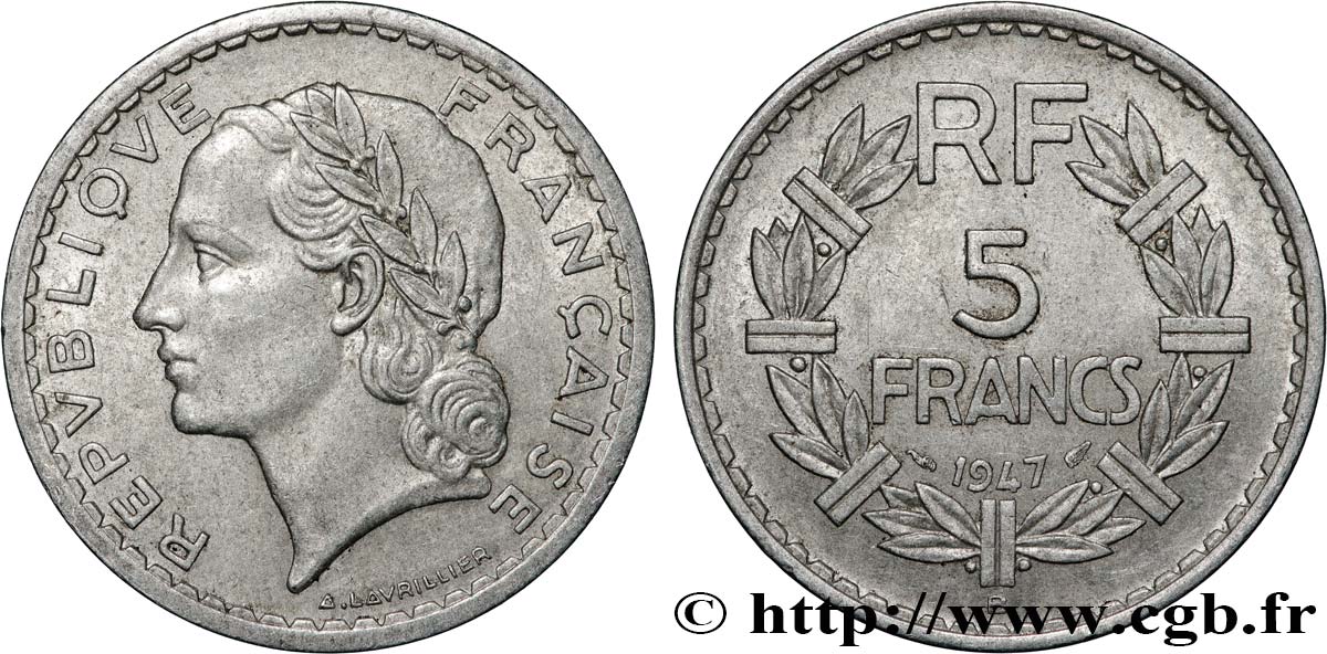 5 francs Lavrillier, aluminium 1947 Beaumont-Le-Roger F.339/11 TTB