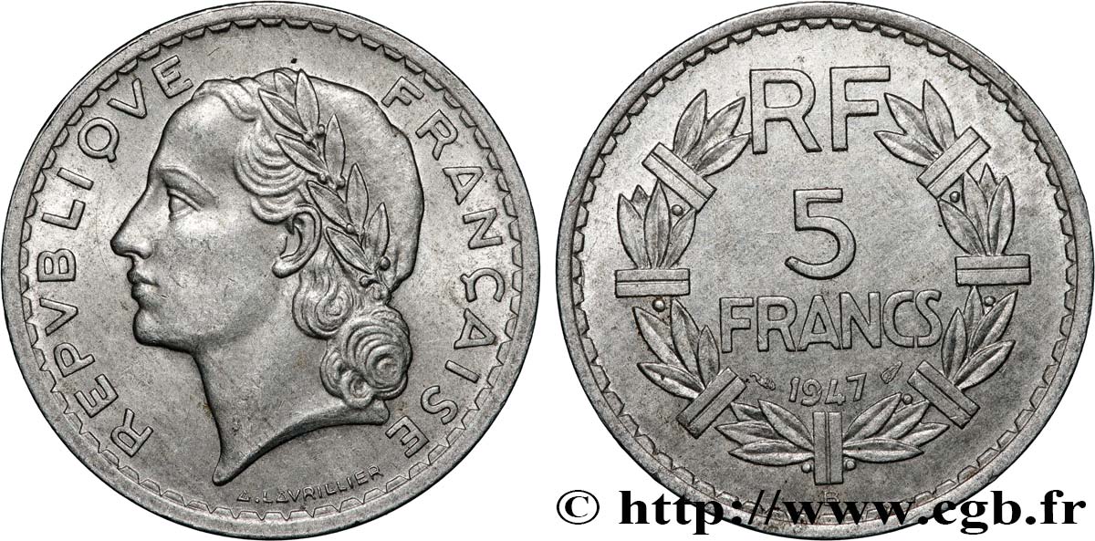5 francs Lavrillier, aluminium 1947 Beaumont-Le-Roger F.339/11 AU55