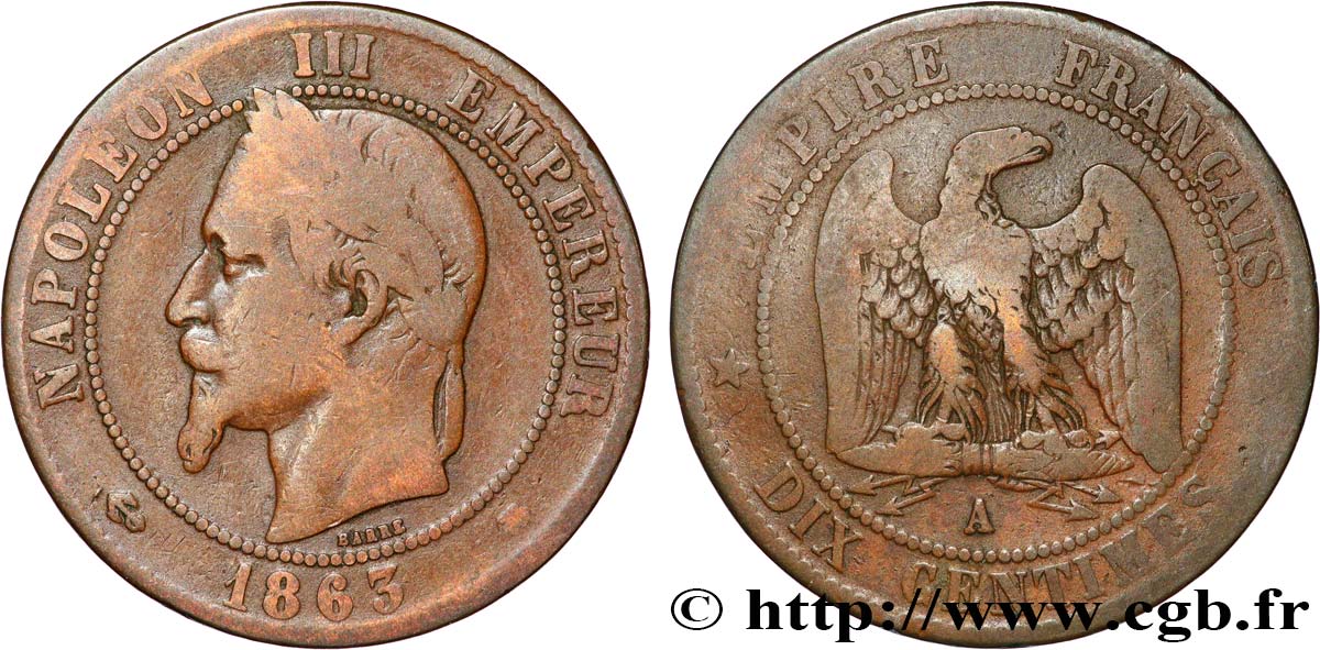 Dix centimes Napoléon III, tête laurée 1863 Paris F.134/10 B+