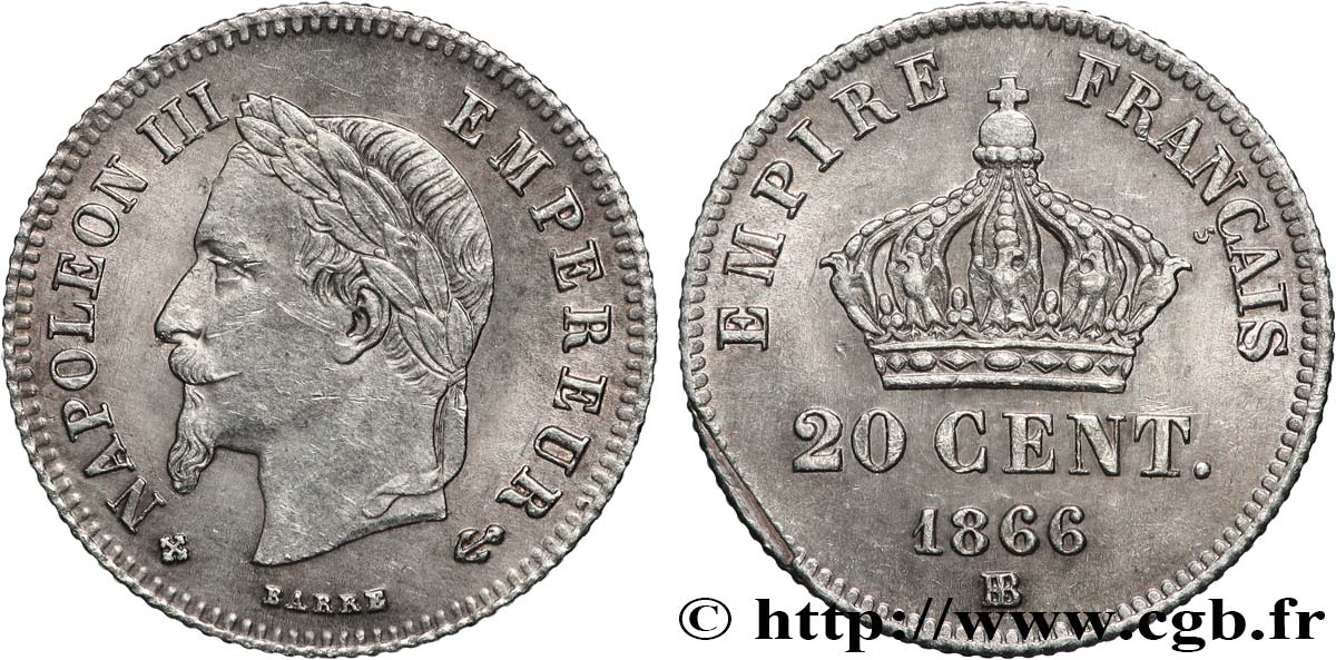 20 centimes Napoléon III, tête laurée, petit module 1866 Strasbourg F.149/5 TTB+ 