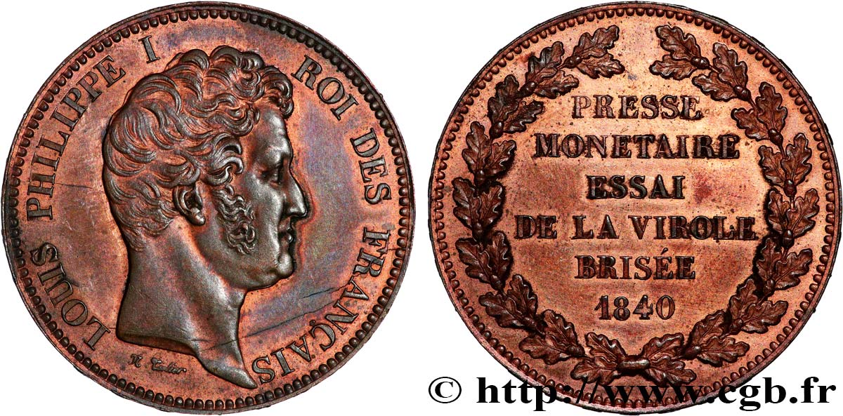 Essai module de 5 francs en cuivre pour la virole brisée 1840 Paris VG.2909  VZ+ 