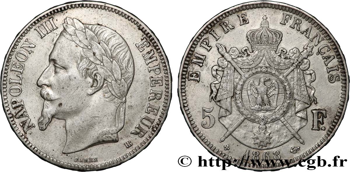5 francs Napoléon III, tête laurée 1868 Strasbourg F.331/13 TTB