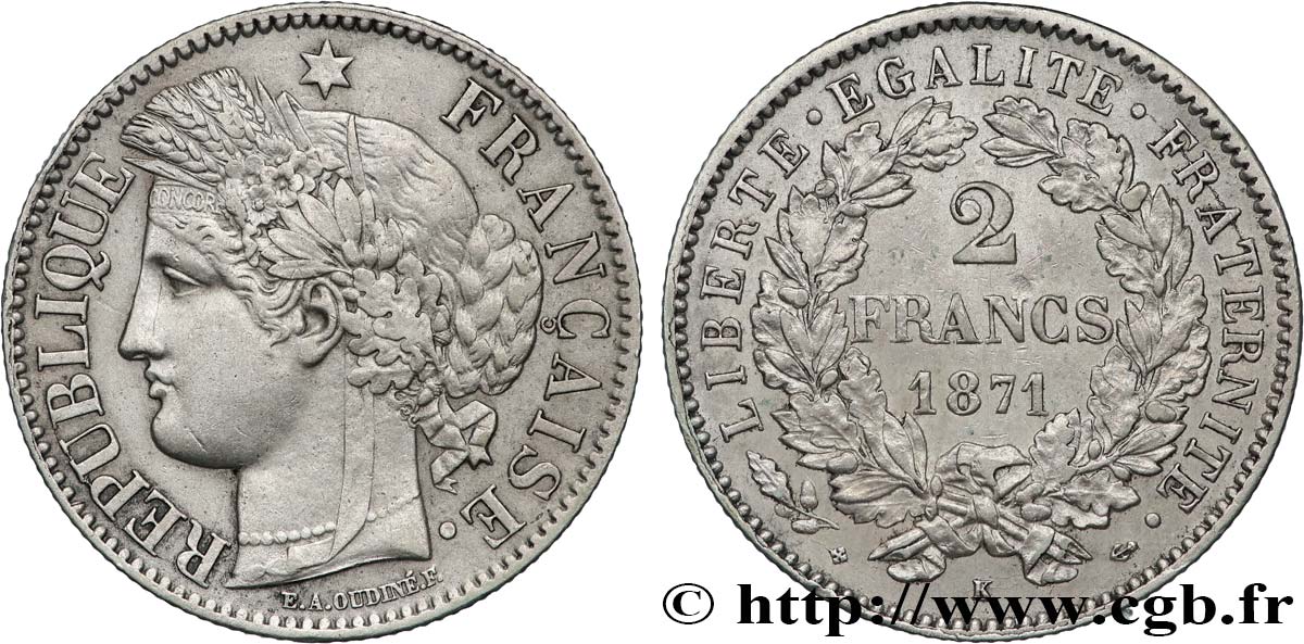2 francs Cérès, avec légende 1871 Bordeaux F.265/7 SUP55 