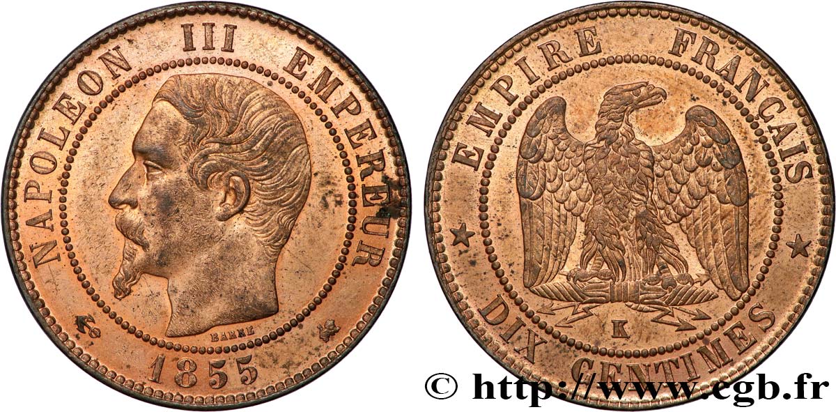 Dix centimes Napoléon III, tête nue 1855 Bordeaux F.133/29 VZ+ 