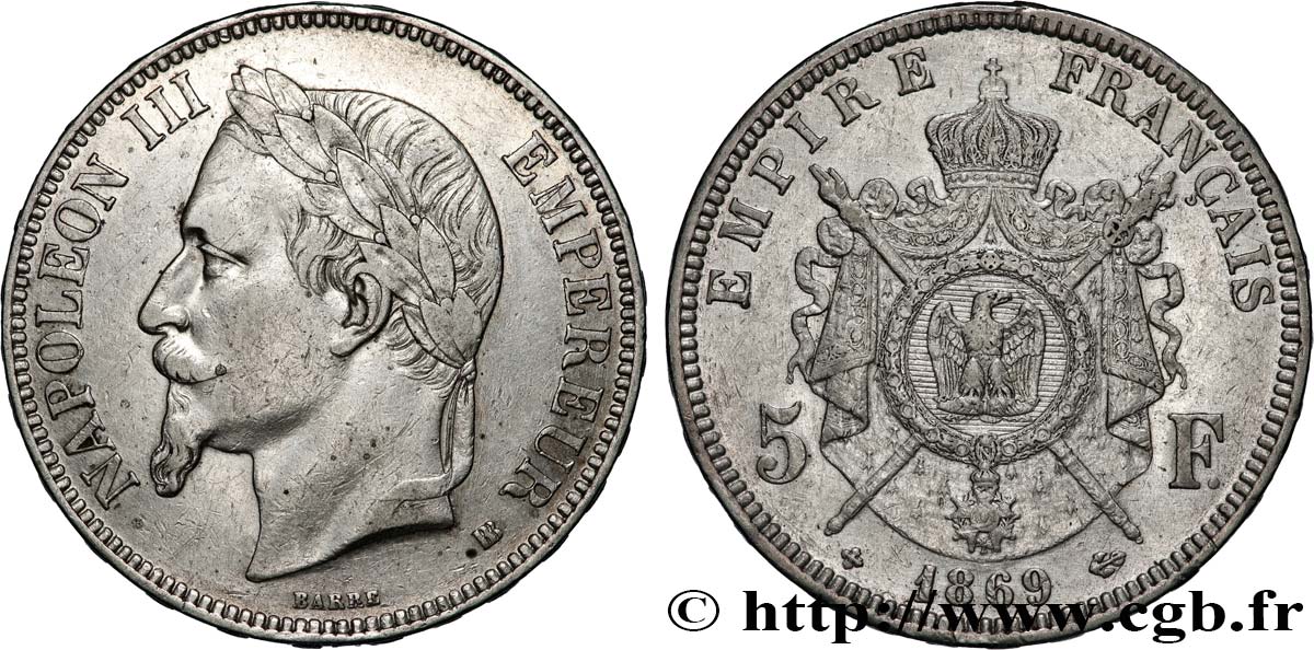 5 francs Napoléon III, tête laurée 1869 Strasbourg F.331/15 TB+