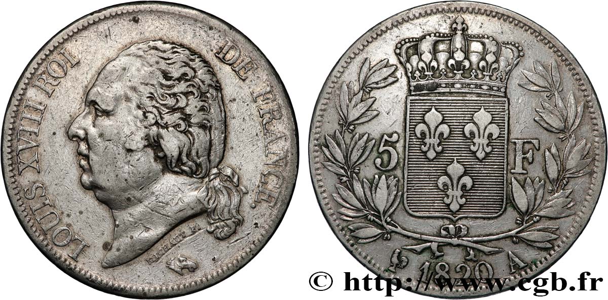 5 francs Louis XVIII, tête nue 1820 Paris F.309/49 SS