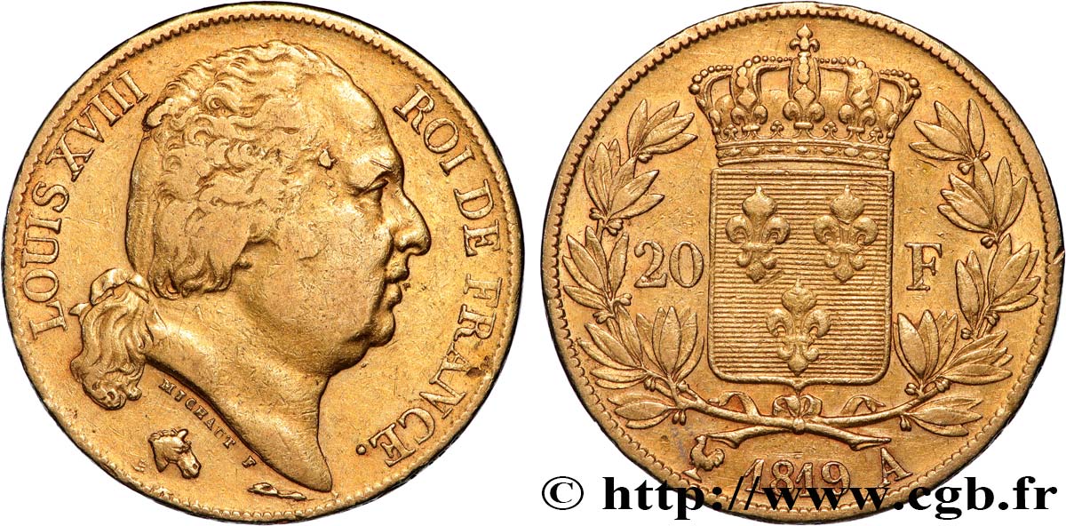 20 francs or Louis XVIII, tête nue 1819 Paris F.519/15 TB+