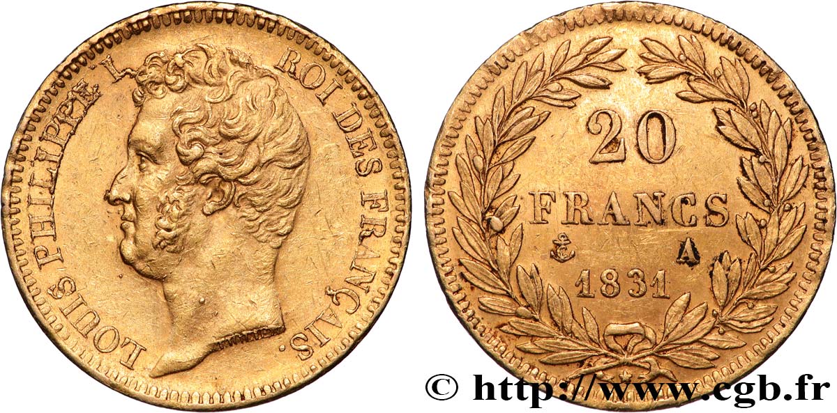 20 francs or Louis-Philippe, Tiolier, tranche inscrite en creux 1831 Paris F.524/2 TTB+