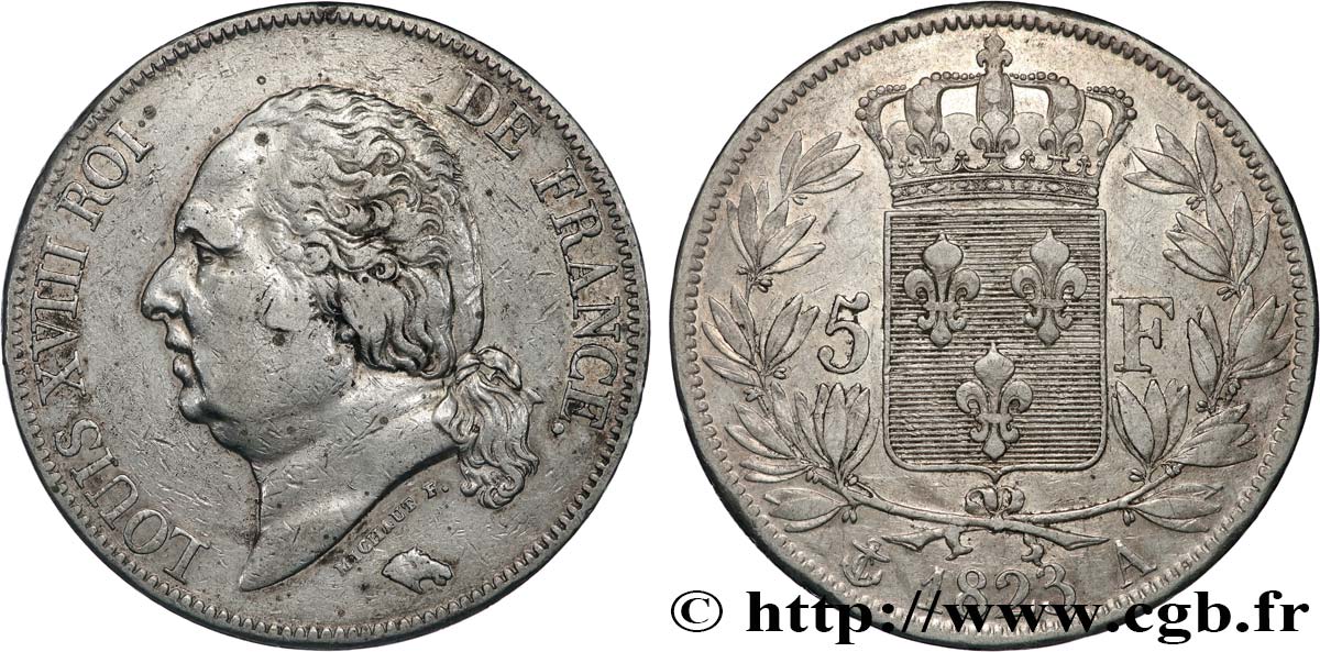 5 francs Louis XVIII, tête nue 1823 Paris F.309/76 S