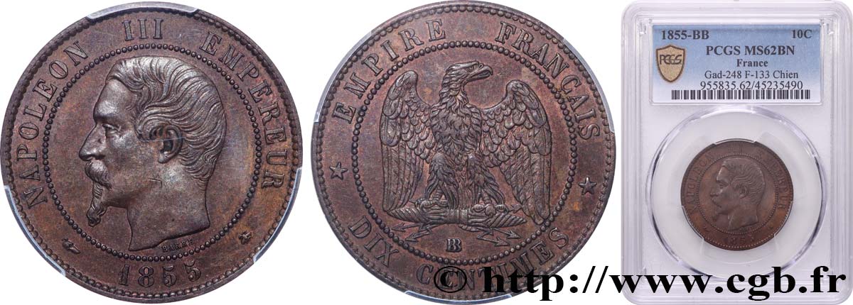 Dix centimes Napoléon III, tête nue 1855 Strasbourg F.133/23 EBC62 PCGS
