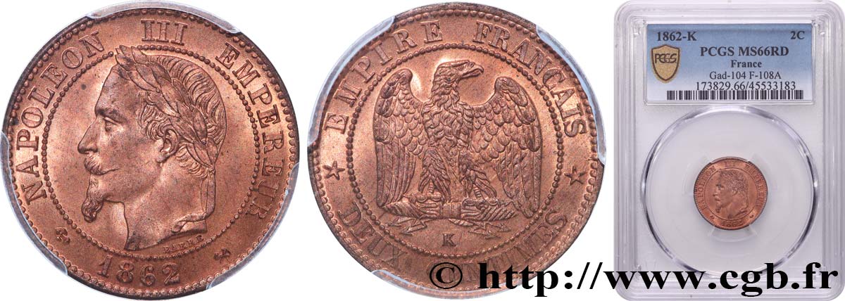 Deux centimes Napoléon III, tête laurée 1862 Bordeaux F.108A/7 ST66 PCGS