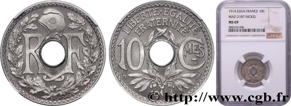 Essai de 10 centimes Lindauer, Cmes souligné 1914 Paris F.137/1 MS69 NGC