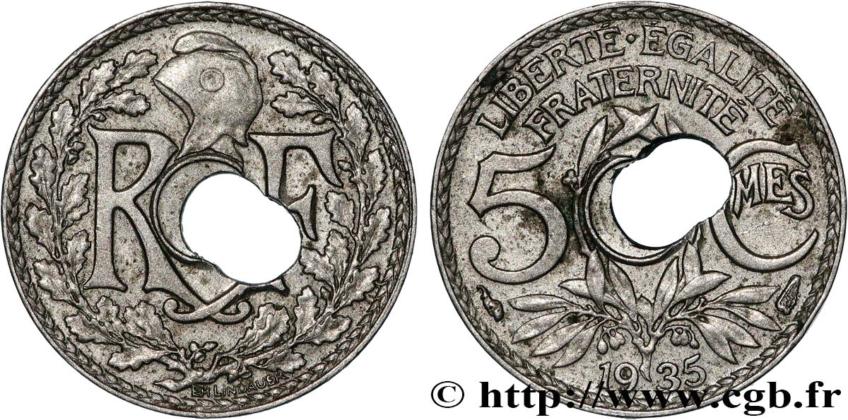 5 centimes Lindauer, petit module, Fauté double trou 1935 Paris F.122/18 var. TTB+