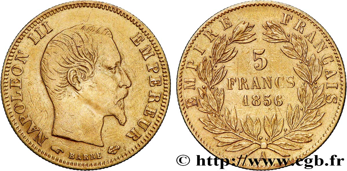 5 francs or Napoléon III, tête nue, grand module 1856 Paris F.501/2 TB+