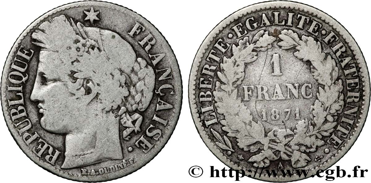 1 franc Cérès, Troisième République, petit A 1871 Paris F.216/2 RC