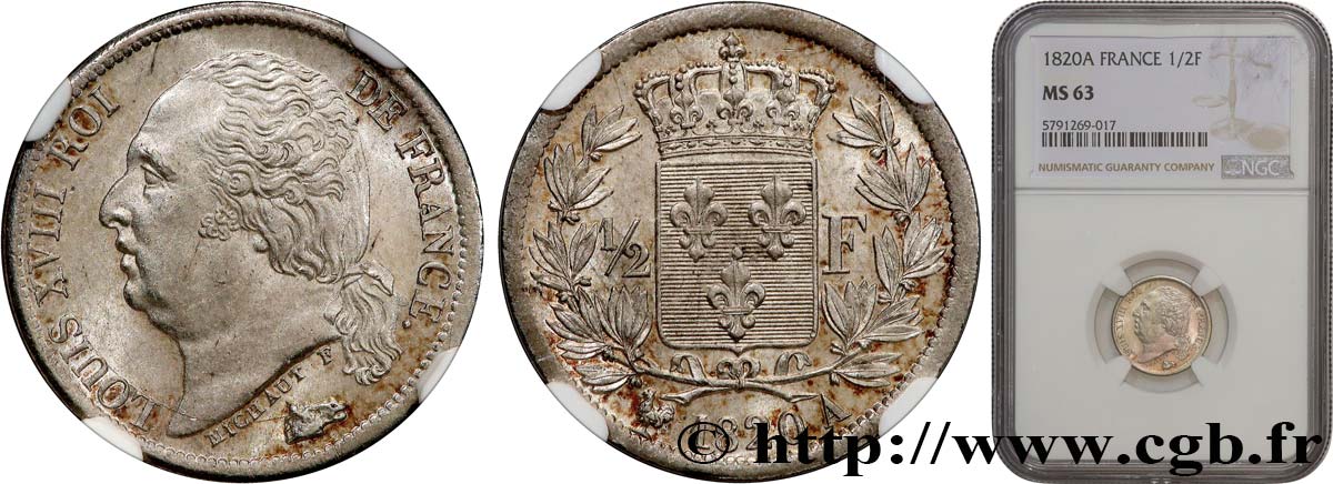 1/2 franc Louis XVIII 1820 Paris F.179/25 MS63 NGC