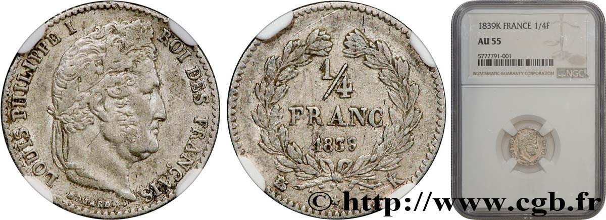 1/4 franc Louis-Philippe 1839 Bordeaux F.166/78 AU55 NGC