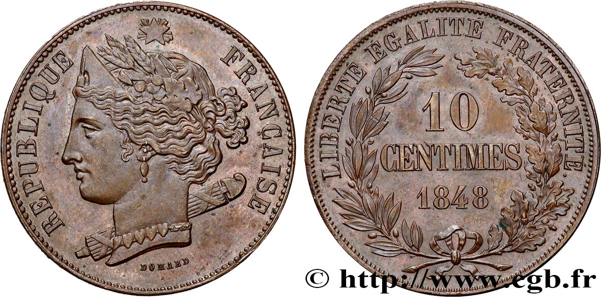 Concours de 10 centimes, essai en cuivre par Domard, second avers, premier revers 1848 Paris VG.3138  SUP+ 