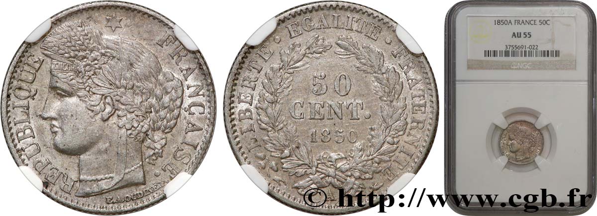 50 centimes Cérès, IIe République 1850 Paris F.184/2 VZ55 NGC