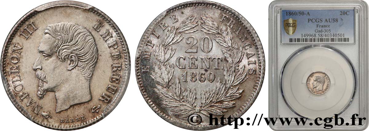 20 centimes Napoléon III, tête nue 1860 Paris F.148/13 AU58 PCGS