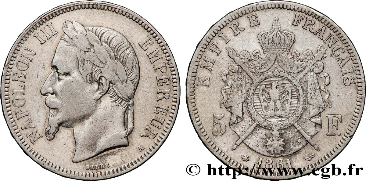 5 francs Napoléon III, tête laurée, petit A 1861 Paris F.331/1 S 