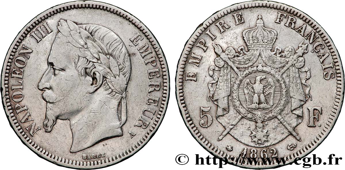 5 francs Napoléon III, tête laurée 1862 Paris F.331/3 VF 