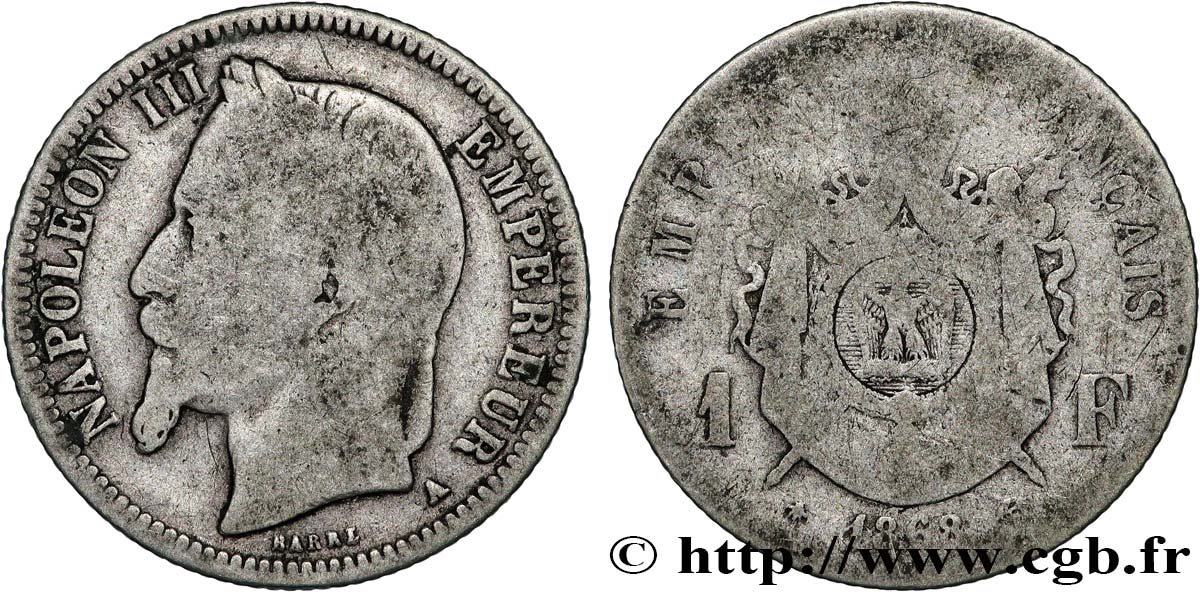 1 franc Napoléon III, tête laurée 1869 Paris F.215/14 SGE