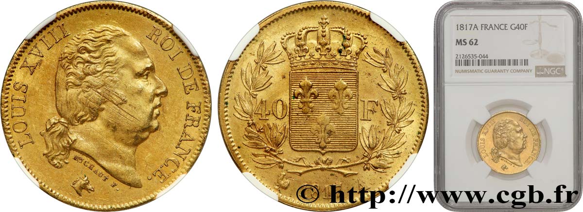 40 francs or Louis XVIII 1817 Paris F.542/6 SUP62 NGC