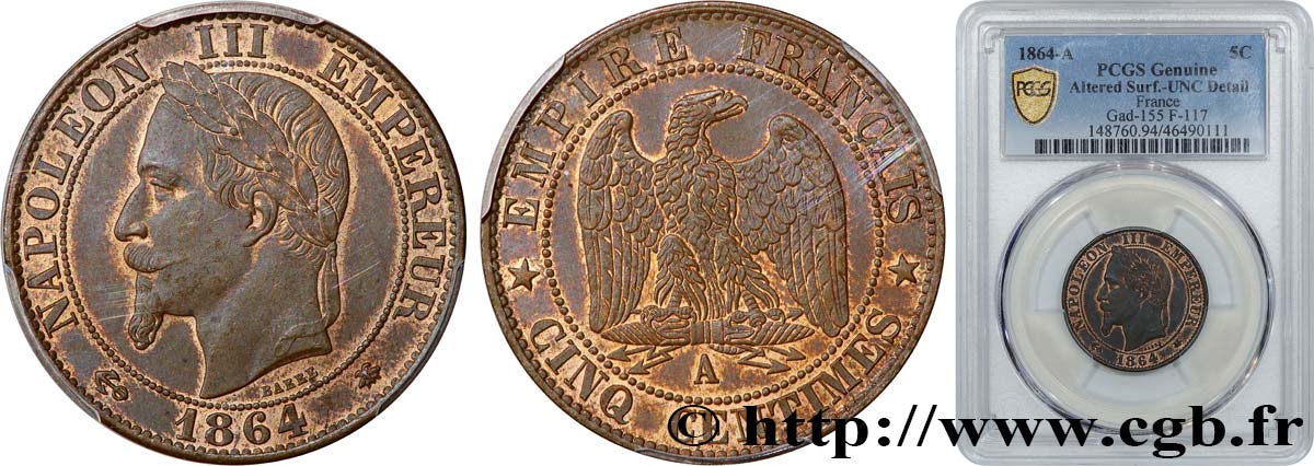 Cinq centimes Napoléon III, tête laurée 1864 Paris F.117/13 SPL+ PCGS
