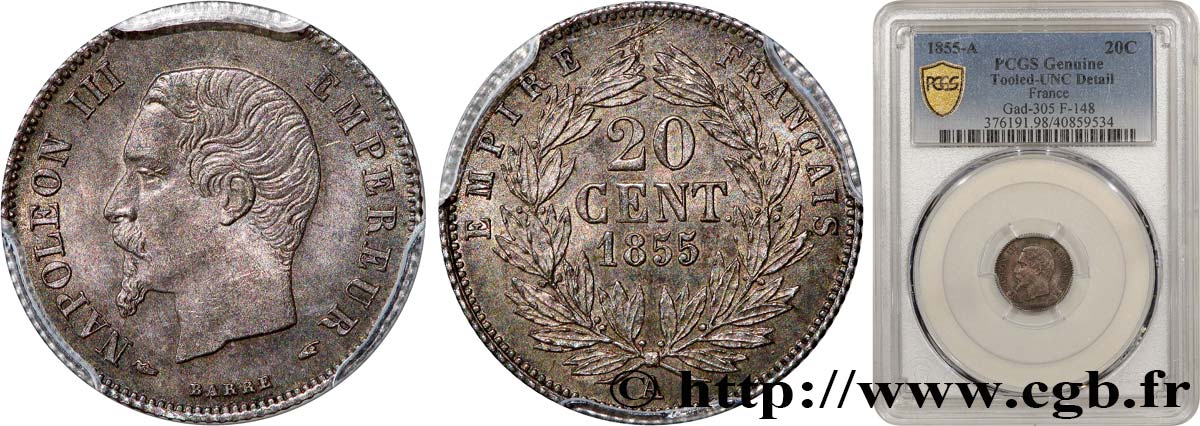 20 centimes Napoléon III, tête nue 1855 Paris F.148/3 SUP+ PCGS