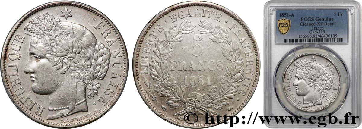 5 francs Cérès, IIe République 1851 Paris F.327/7 TTB PCGS