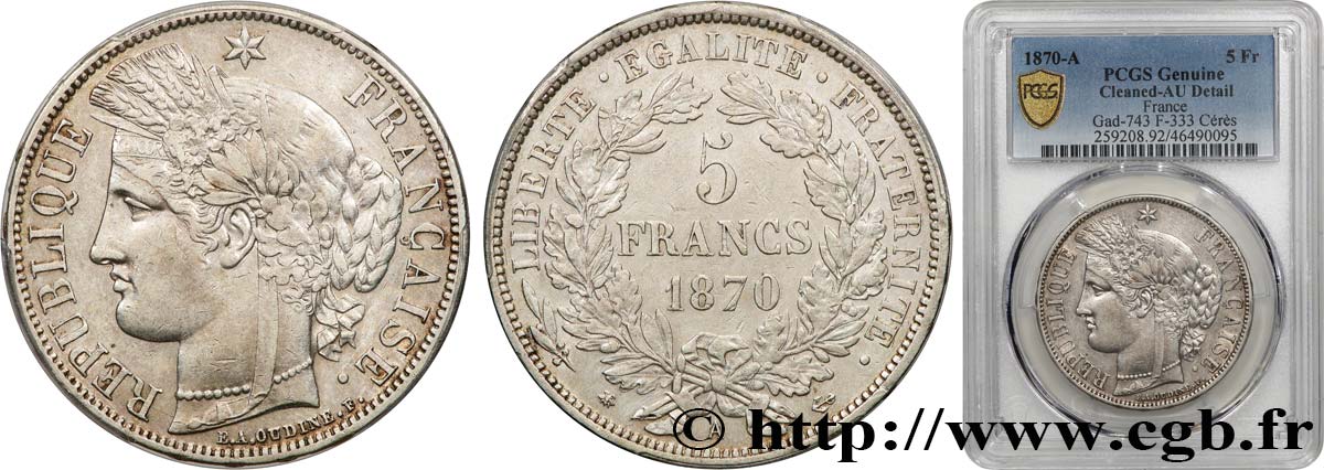5 francs Cérès, avec légende 1870 Paris F.333/1 MBC+ PCGS