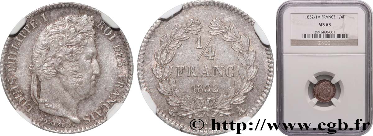 1/4 franc Louis-Philippe 1832 Paris F.166/12 MS63 NGC