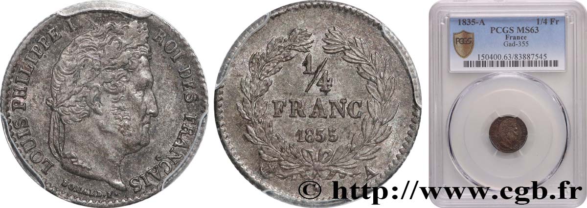 1/4 franc Louis-Philippe 1835 Paris F.166/49 fST63 PCGS