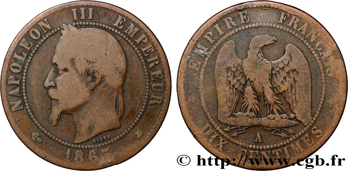 Dix centimes Napoléon III, tête laurée 1863 Paris F.134/10 B