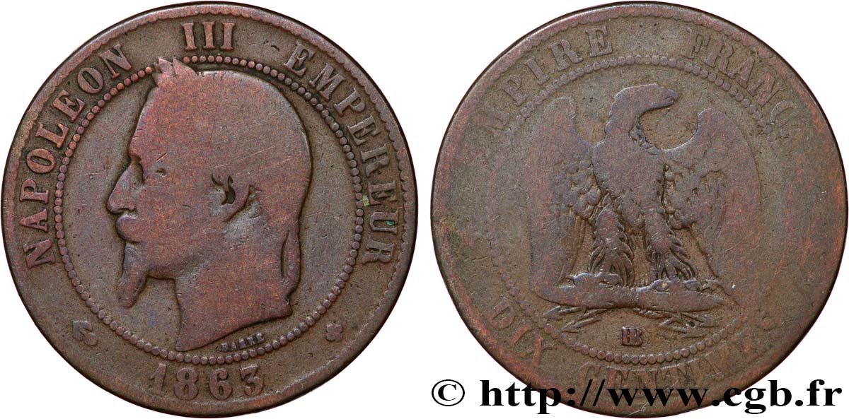 Dix centimes Napoléon III, tête laurée 1863 Strasbourg F.134/11 RC