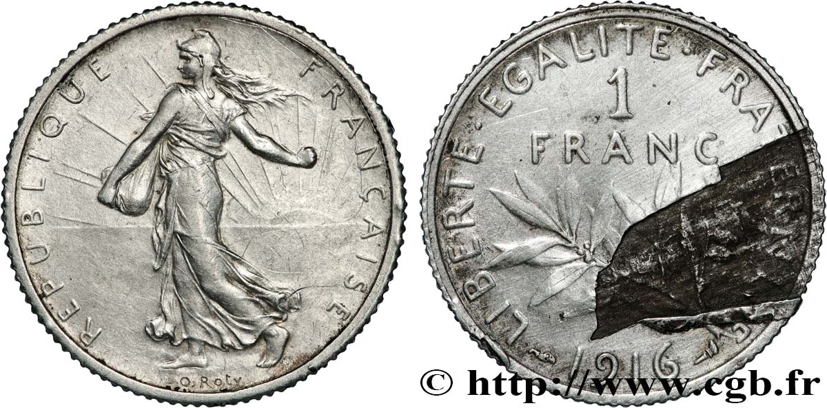 1 franc Semeuse, Défaut de flan 1916 Paris F.217/22 var. q.SPL 