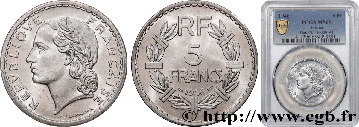 5 francs Lavrillier, aluminium 1946  F.339/6 MS65 PCGS