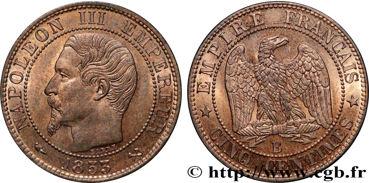 Cinq centimes Napoléon III, tête nue 1853 Rouen F.116/2 SPL64 