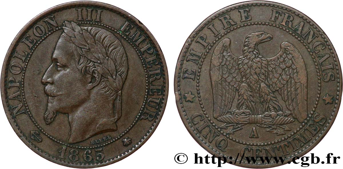 Cinq centimes Napoléon III, tête laurée 1865 Paris F.117/16 TB35 