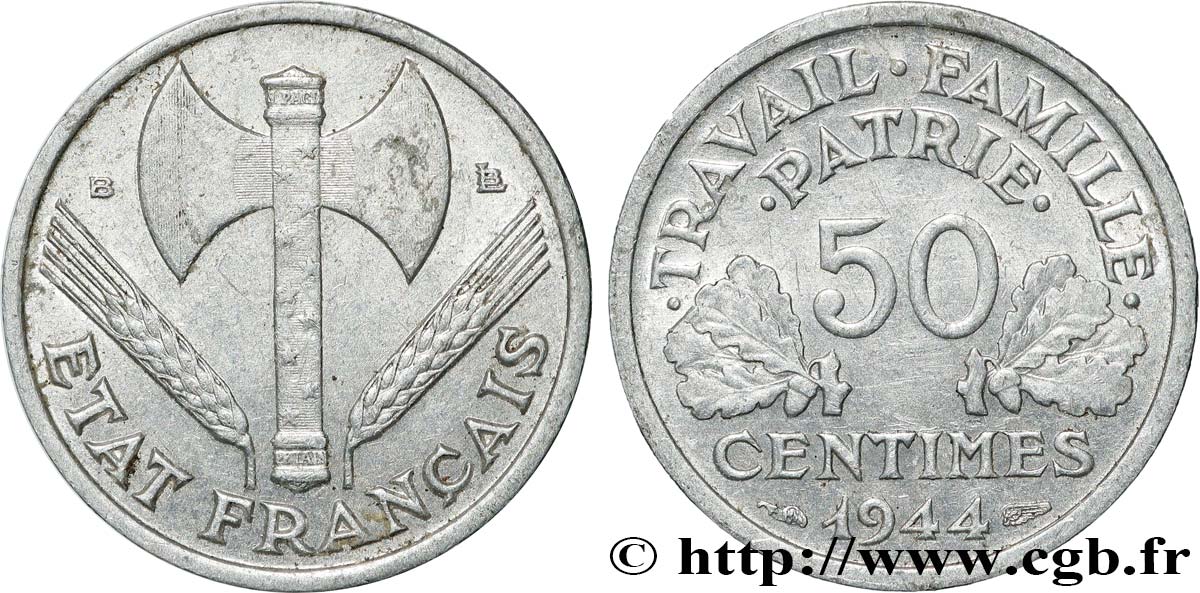 50 centimes Francisque, légère 1944 Beaumont-Le-Roger F.196/5 TTB