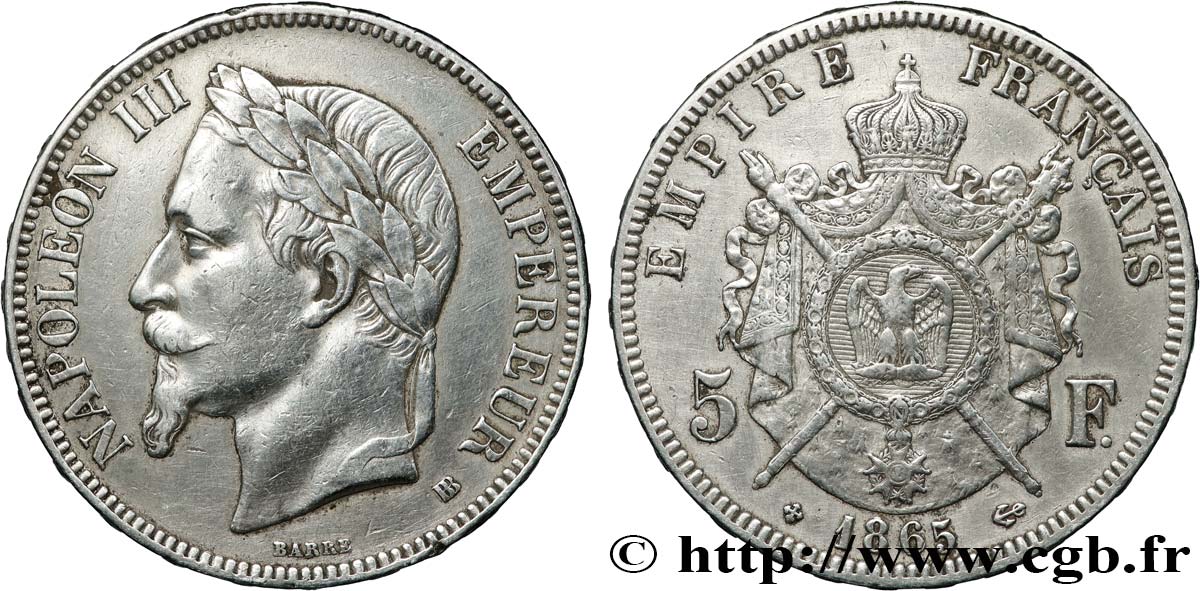 5 francs Napoléon III, tête laurée 1865 Strasbourg F.331/8 TB+ 