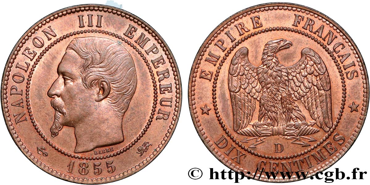 Dix centimes Napoléon III, tête nue 1855 Lyon F.133/26 SPL63 