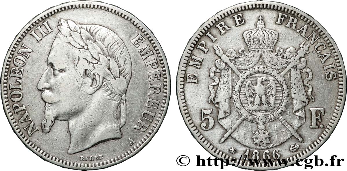 5 francs Napoléon III, tête laurée 1866 Paris F.331/9 VF 