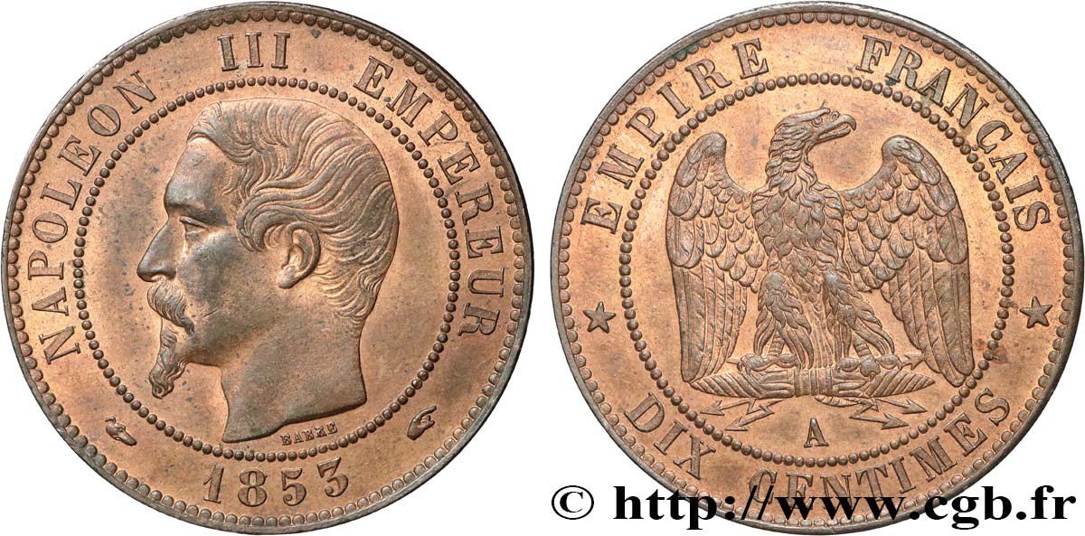 Dix centimes Napoléon III, tête nue 1853 Paris F.133/2 MS62 