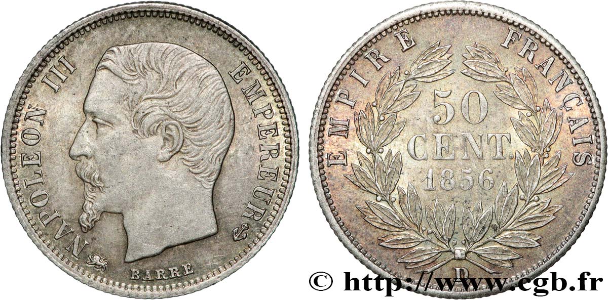 50 centimes Napoléon III, tête nue 1856 Lyon F.187/7 SUP60 