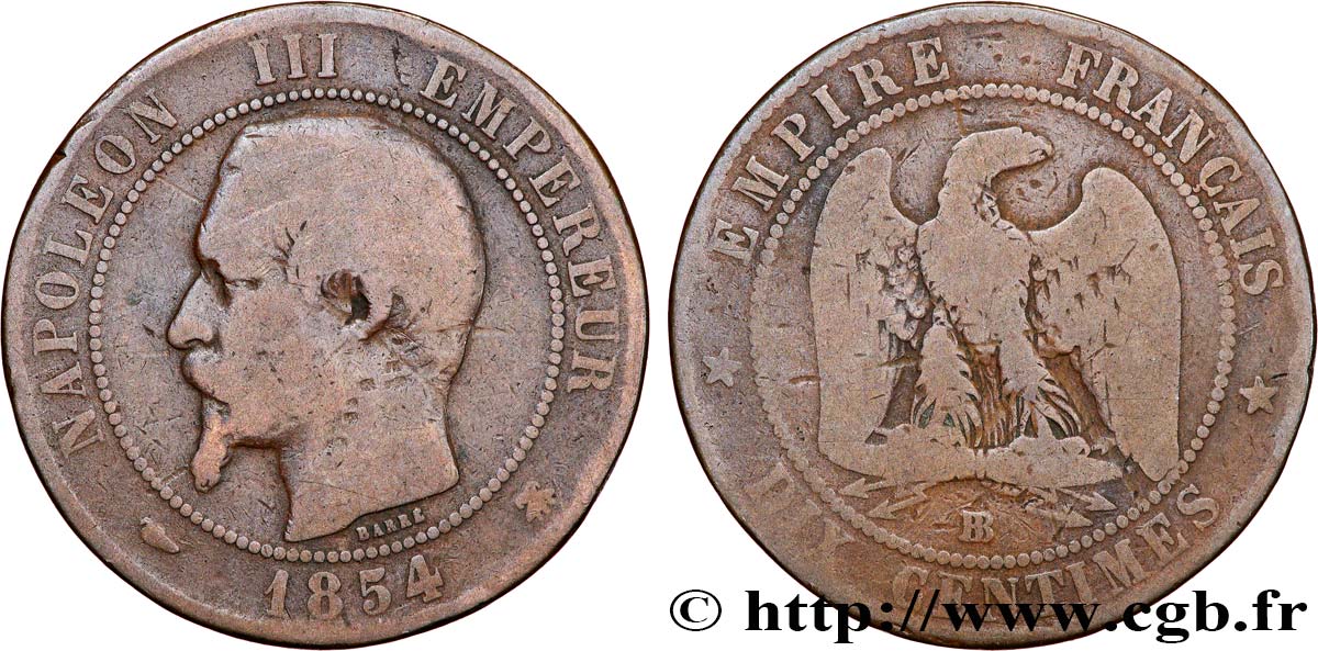 Dix centimes Napoléon III, tête nue 1854 Strasbourg F.133/14 RC10