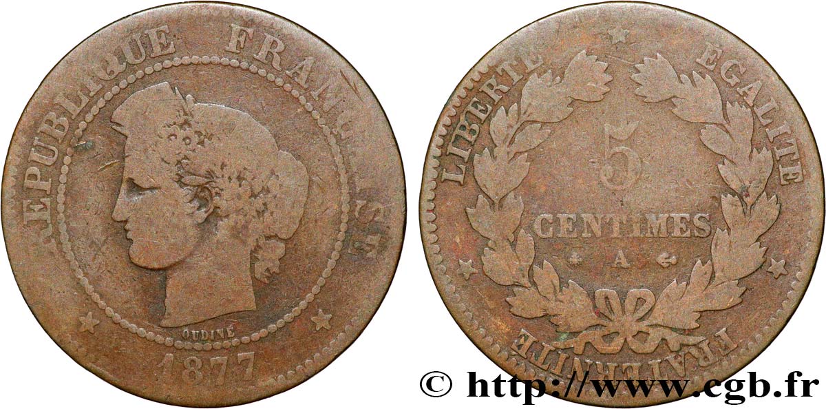 5 centimes Cérès 1877 Paris F.118/15 VG8